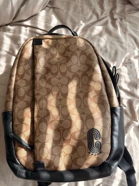 Coach Brown Signature Canvas Backpack with Black Leather Trim